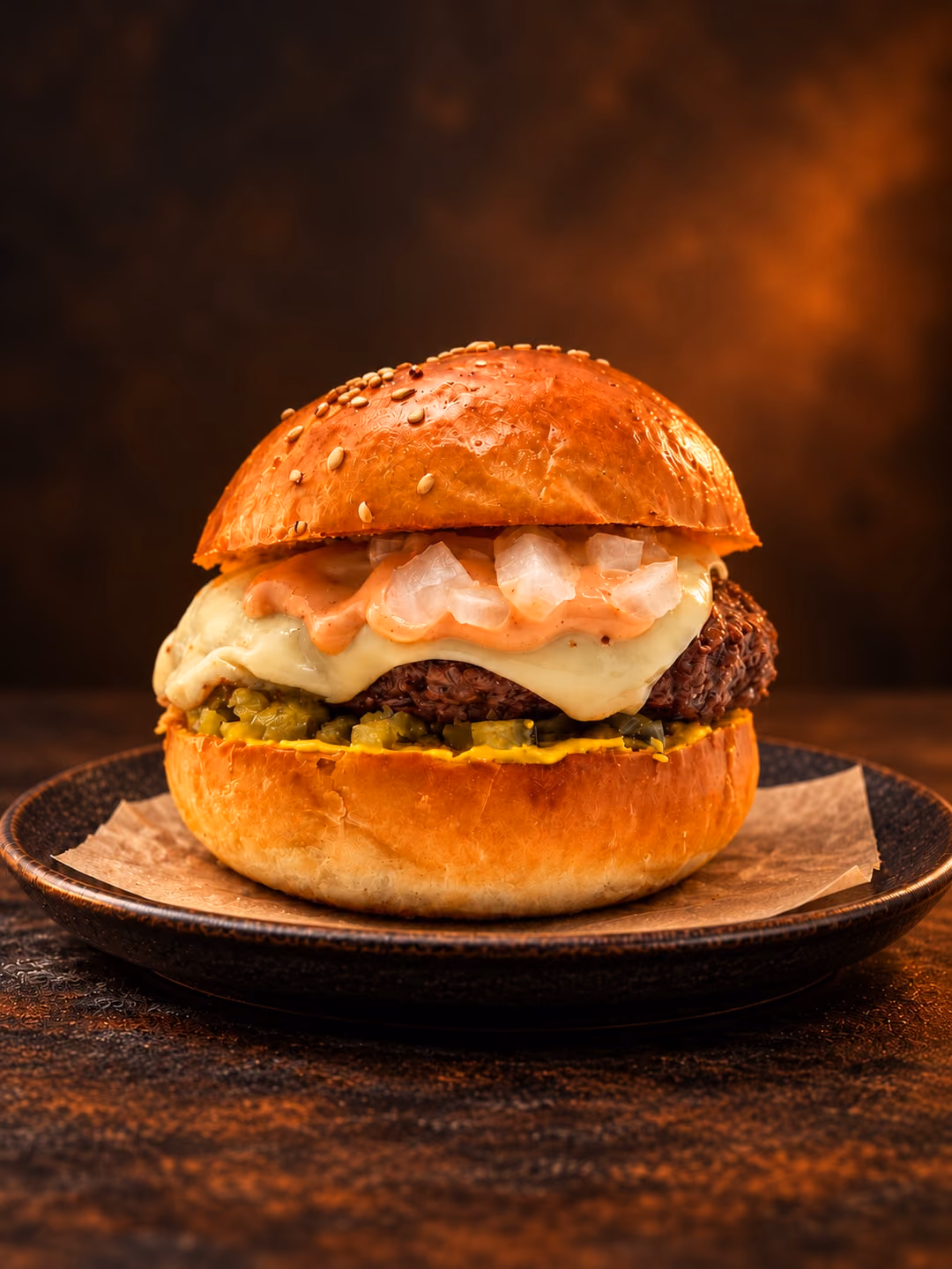 A Cheeseburger on a dark plate: melted cheese, Thousand Island and minced onion over the patty, with pickled relish and mustard on the bottom bun.