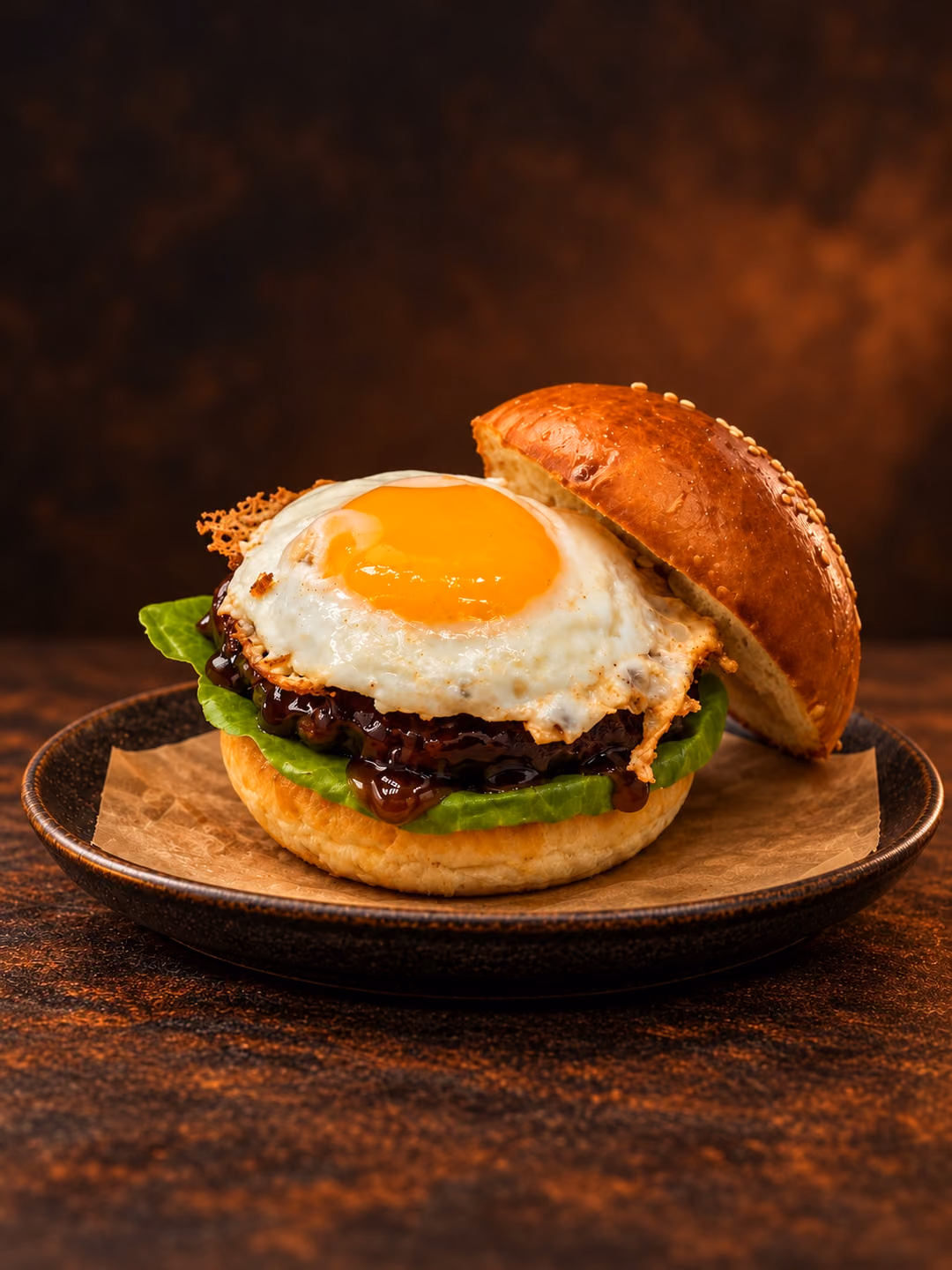 A Teritama Burger on a dark plate, its top bun set to one side to show a sunny-side-up egg over a teriyaki-glazed patty and crisp lettuce.