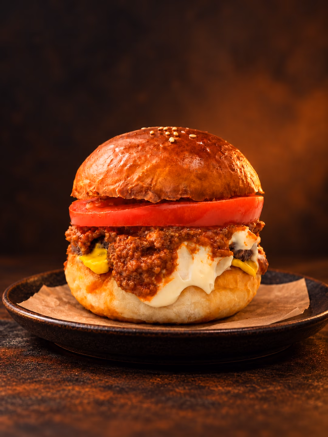 A Wa-Iro Burger on a dark plate lined with parchment: a glossy sesame bun over a thick tomato slice, meat sauce, mustard and mayonnaise.